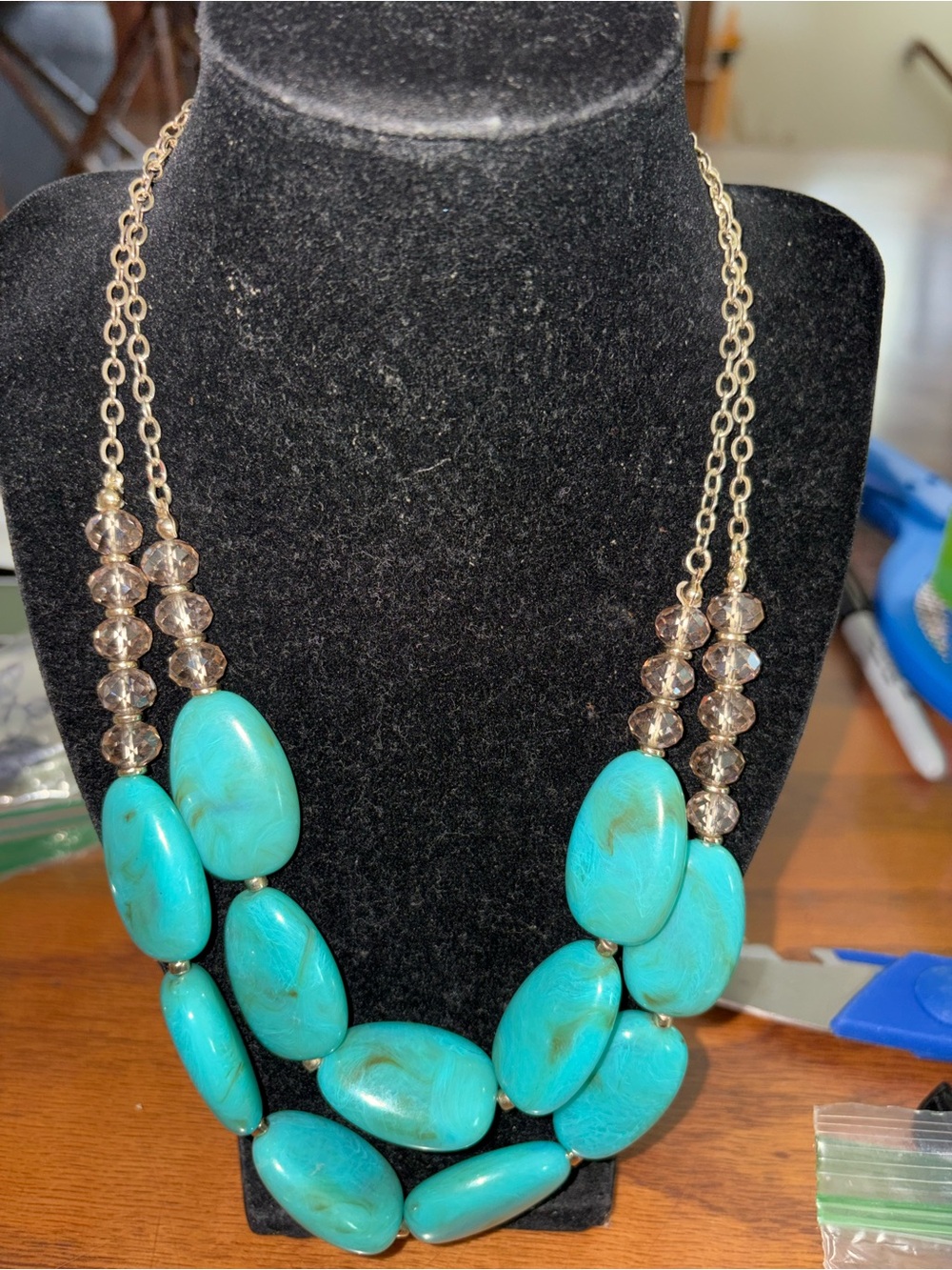 Turquoise Bead Statement Necklace - Blue Green Gemstone Layered Design 10 1/2